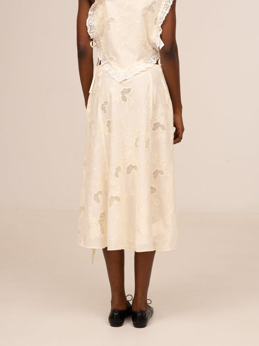 Sunlit Cream Embroidered Midi Skirt