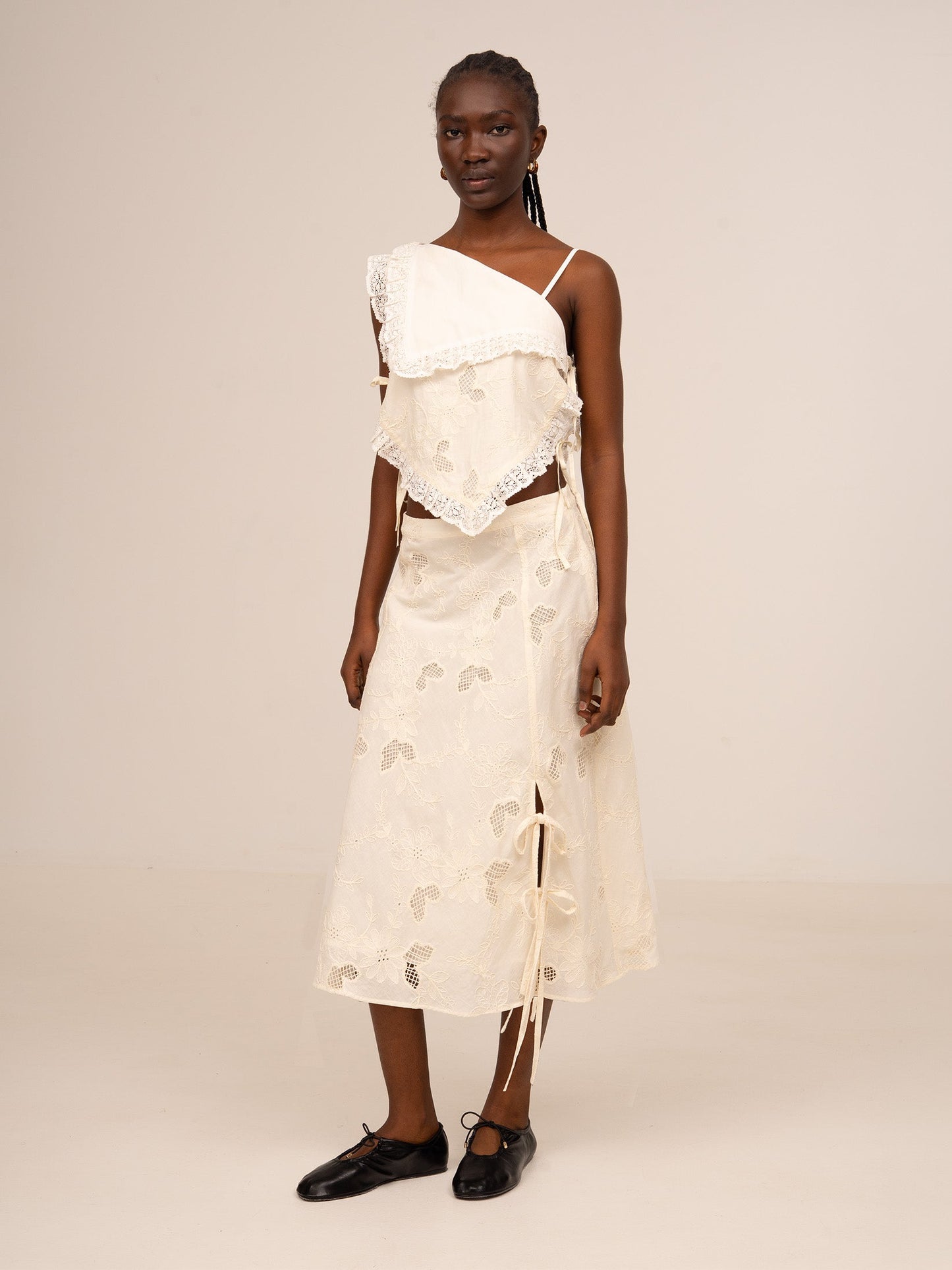 Sunlit Cream Embroidered Midi Skirt