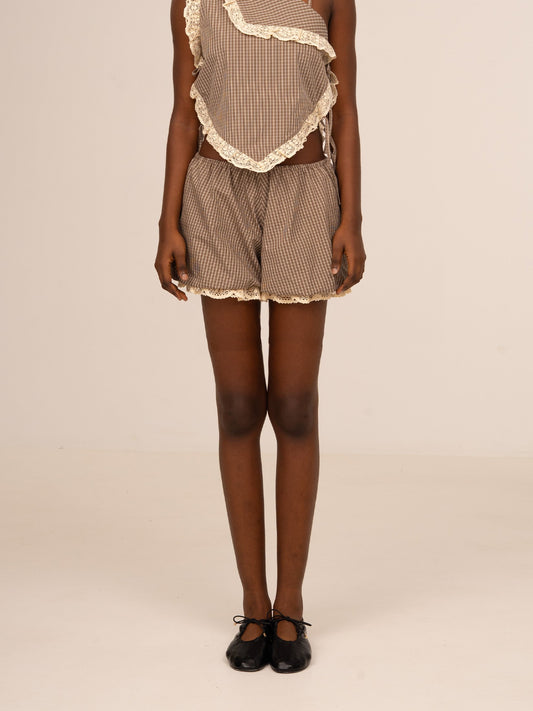 Shorts de cuadros marrón para mujer con corte globo y tiro bajo