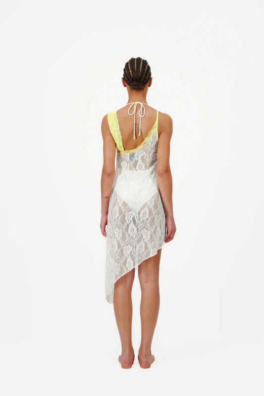 ASYMMETRIC SLIP DRESS WITH LACE TRIM
