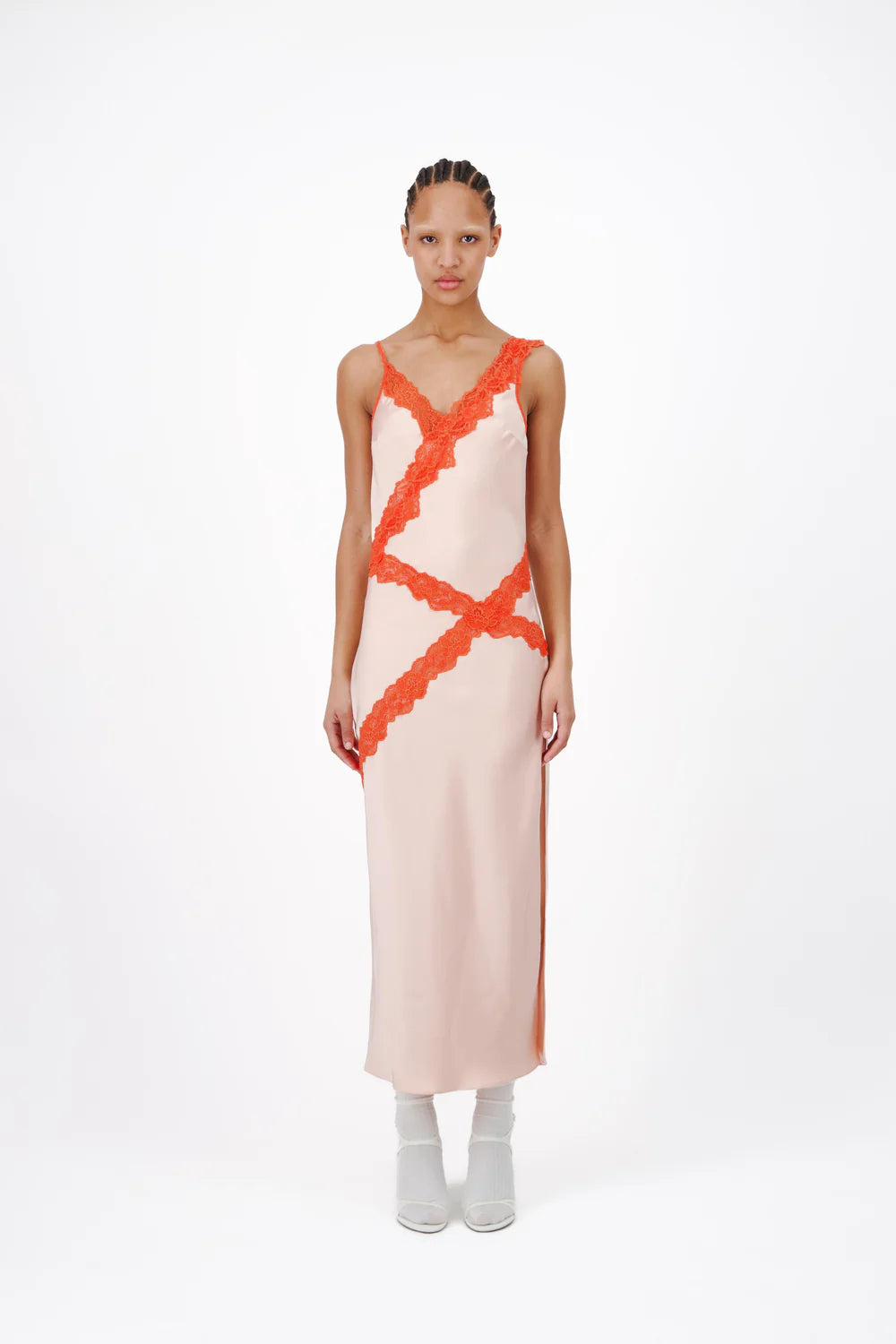 BIAS SHIFT MIDI DRESS WITH LACE DETAILING