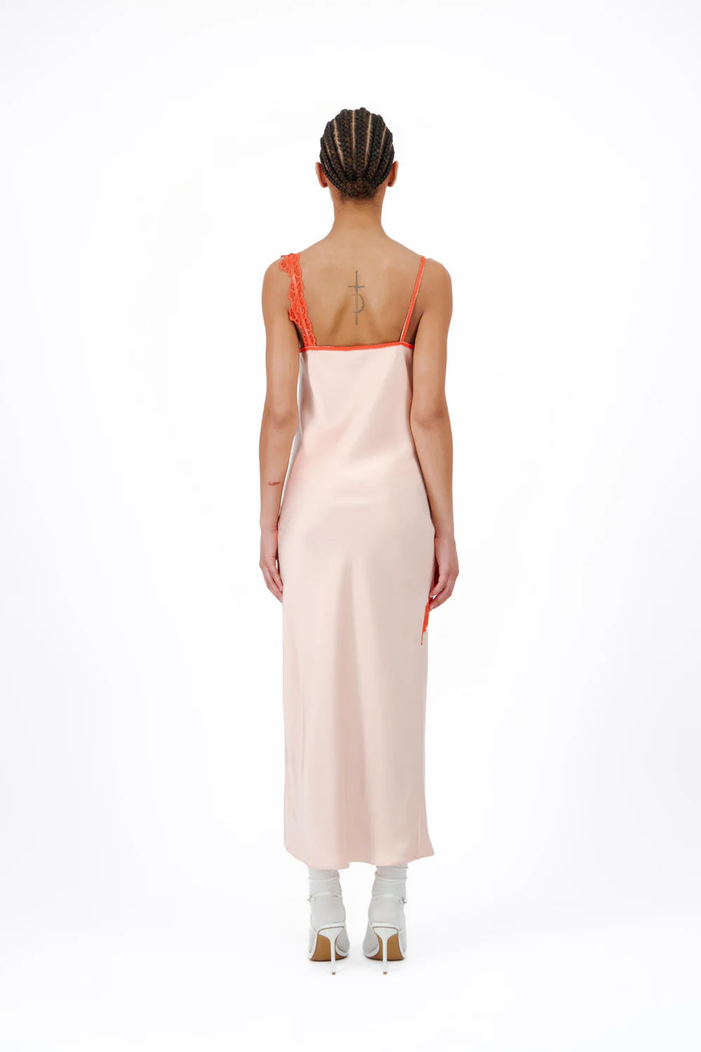 BIAS SHIFT MIDI DRESS WITH LACE DETAILING