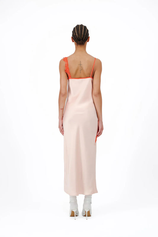 BIAS SHIFT MIDI DRESS WITH LACE DETAILING