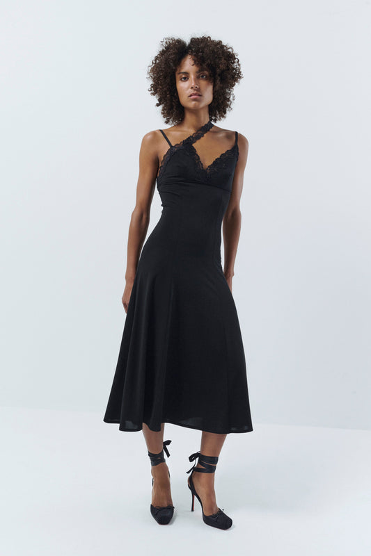 VAILLANT black midi dress with lace details on the bodice, with a V-neckline 
