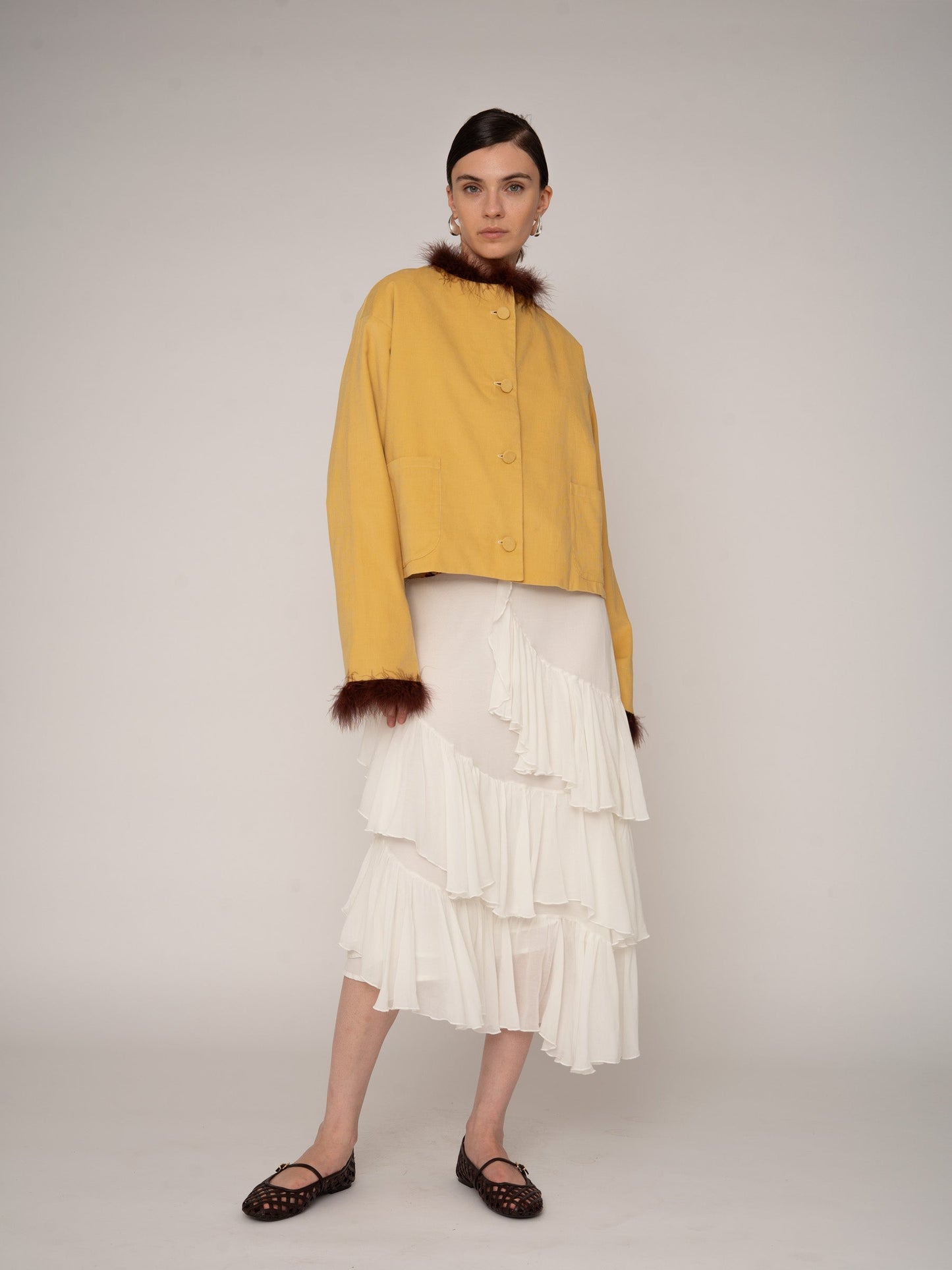 Dorée Mustard Feather Jacket chaqueta