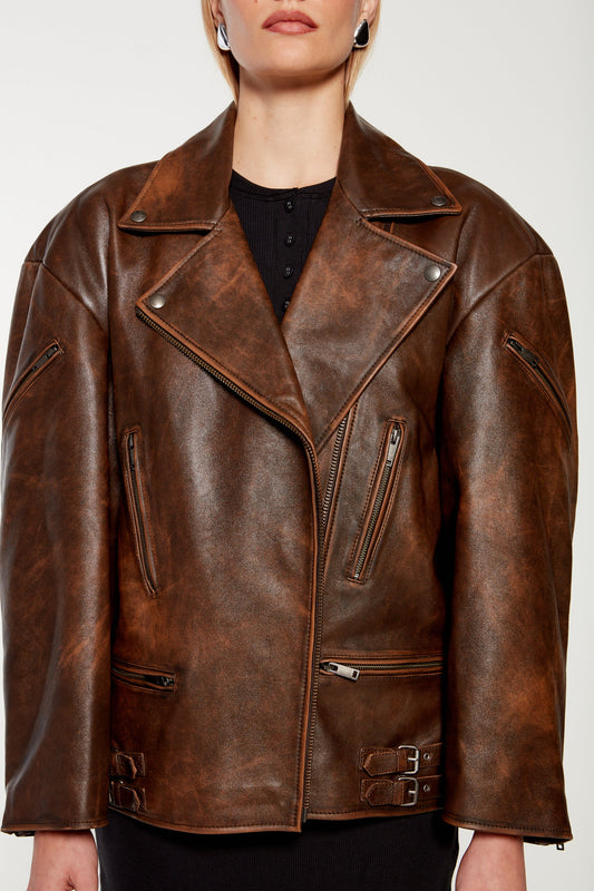 SAMANTHA DISTRESSED LEATHER BIKER JACKET
