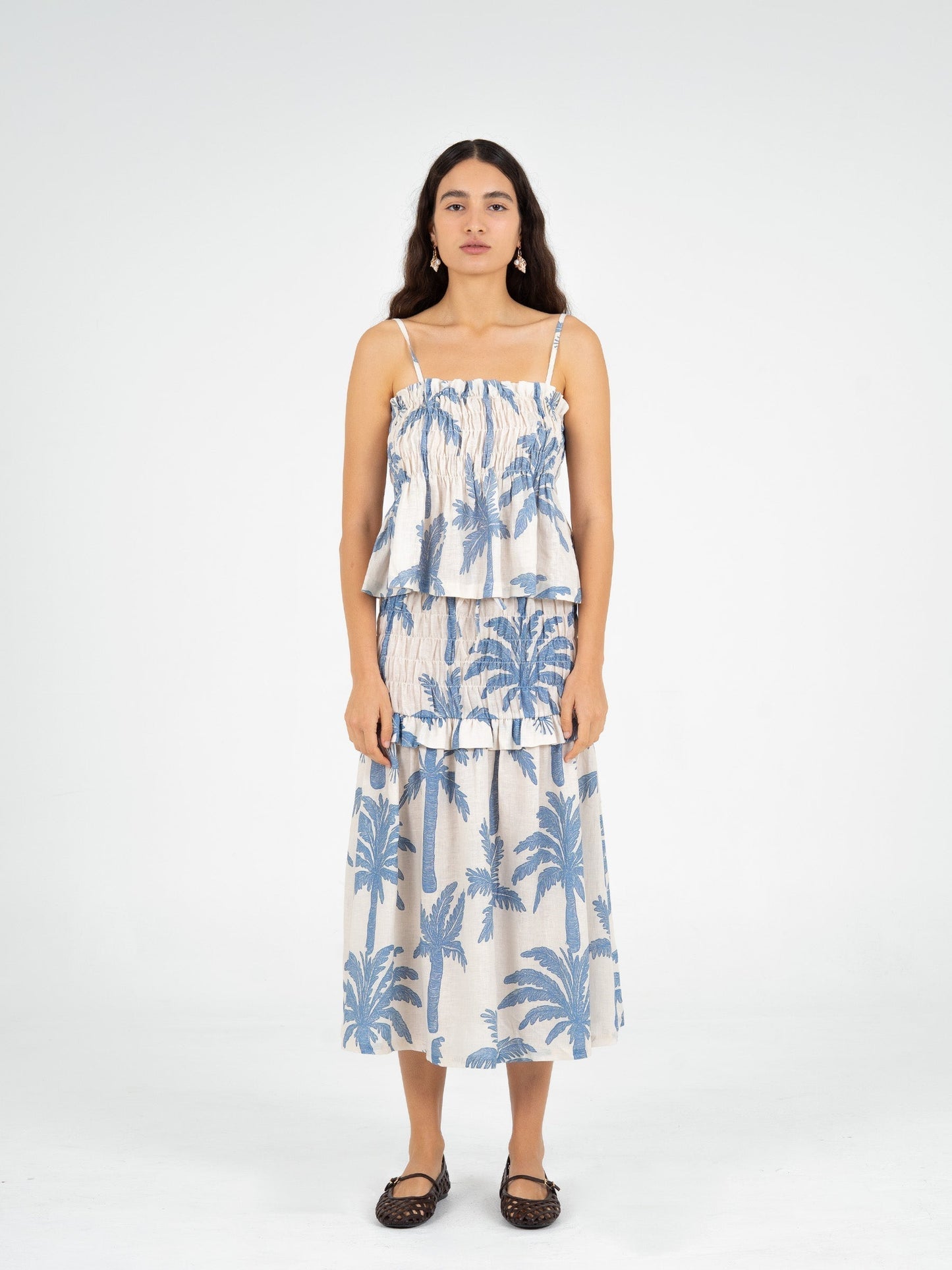 Elios Palm-Printed Smocked Linen Midi Skirt falda