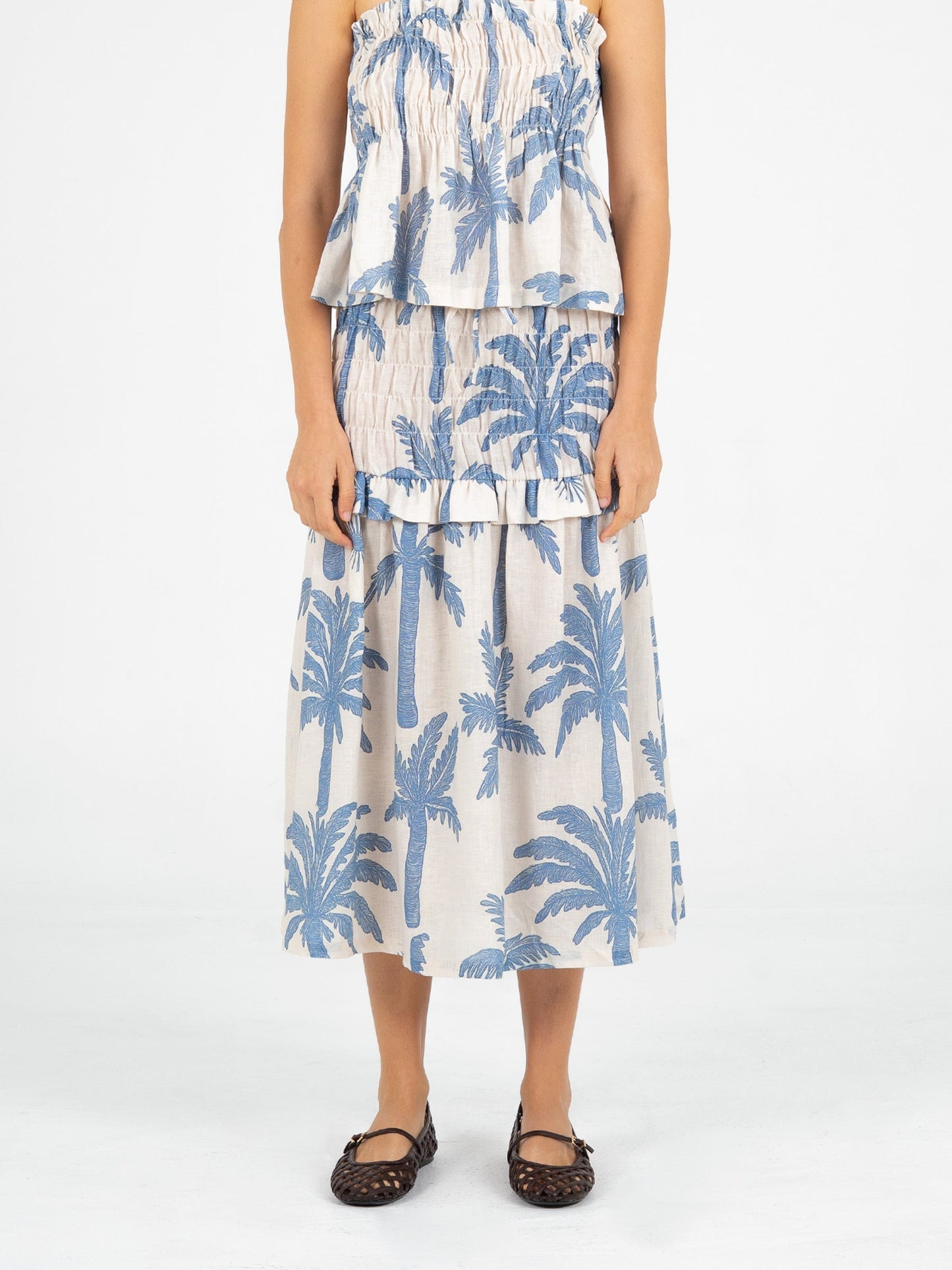 Elios Palm-Printed Smocked Linen Midi Skirt falda