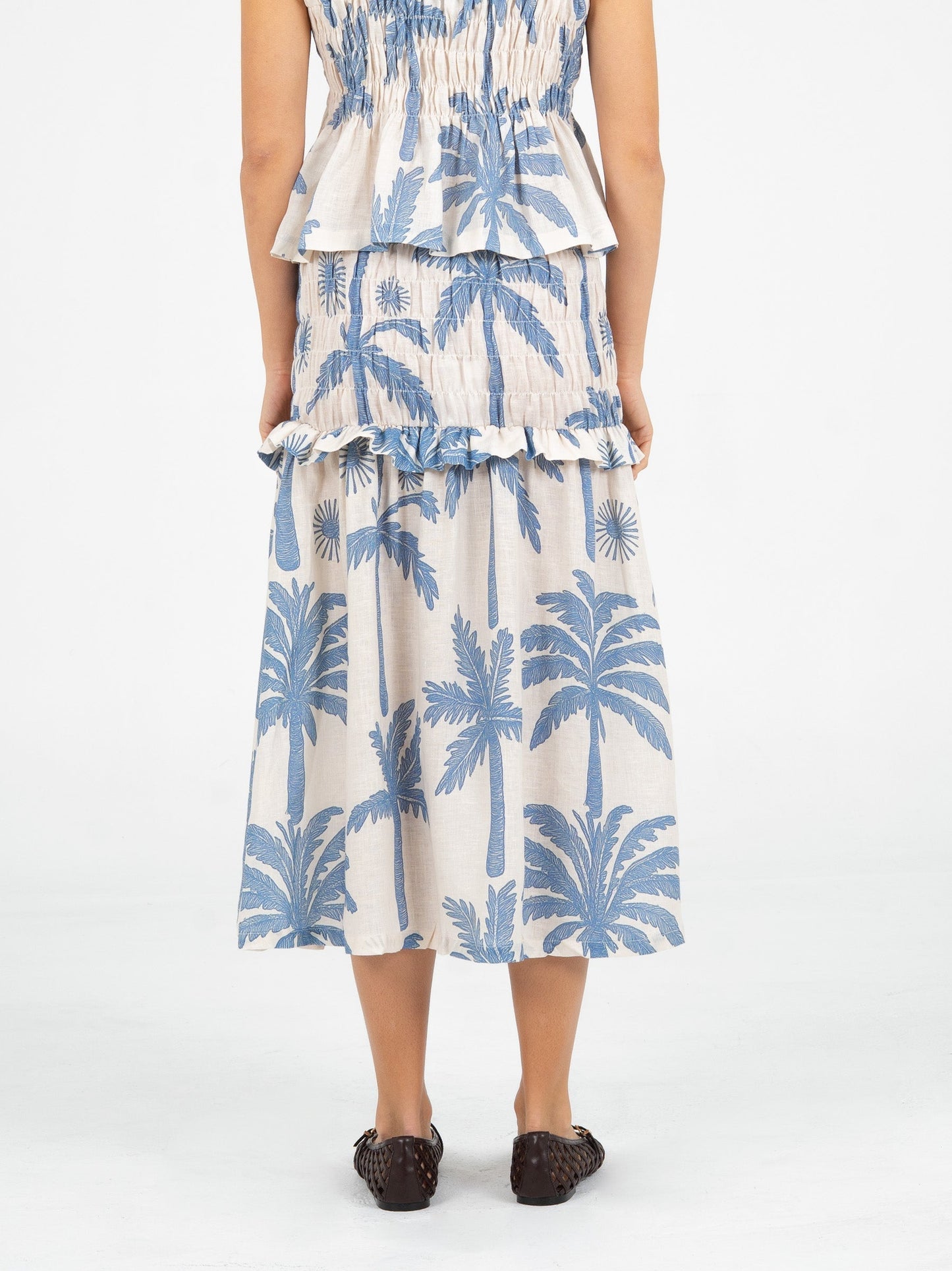 Elios Palm-Printed Smocked Linen Midi Skirt falda