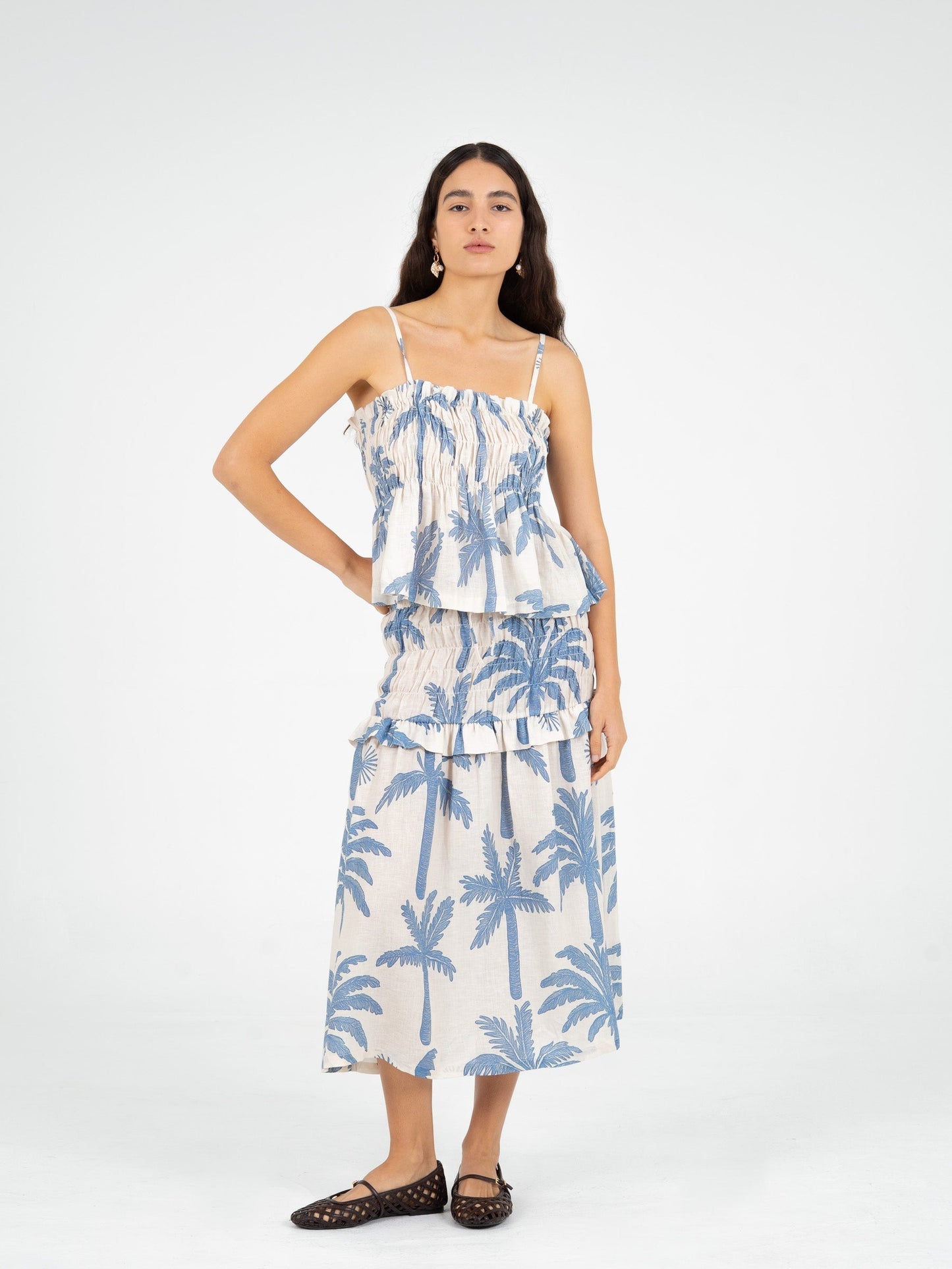 Elios Palm-Printed Smocked Top top