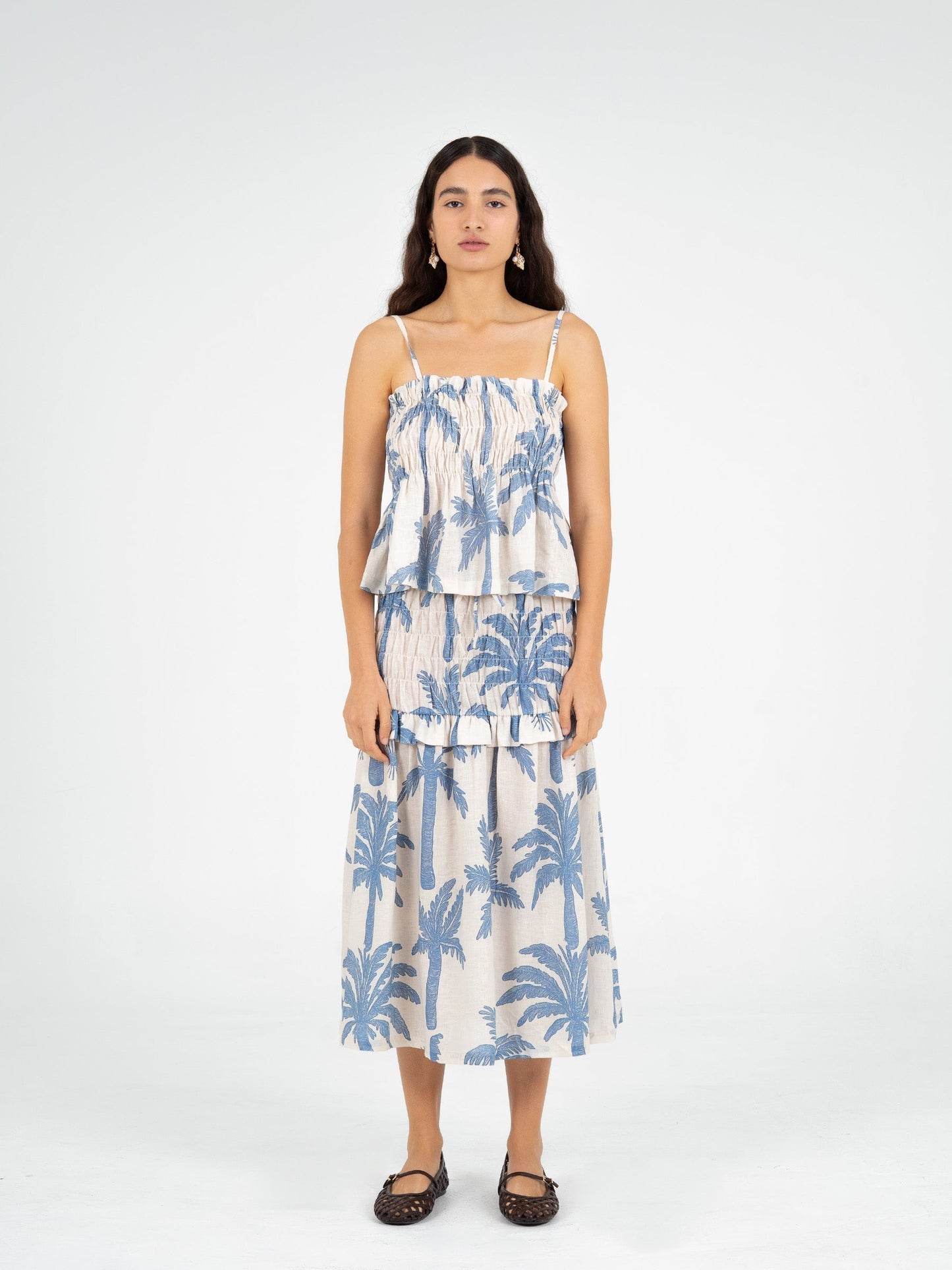 Elios Palm-Printed Smocked Top top