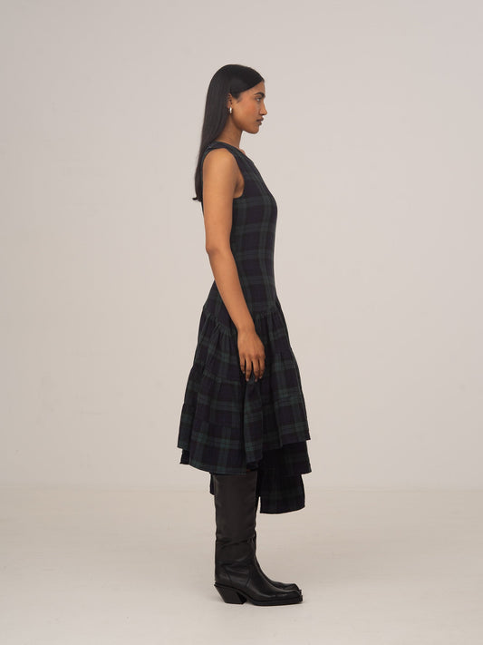 Evermore Plaid Blue Flared Asymmetric Dress