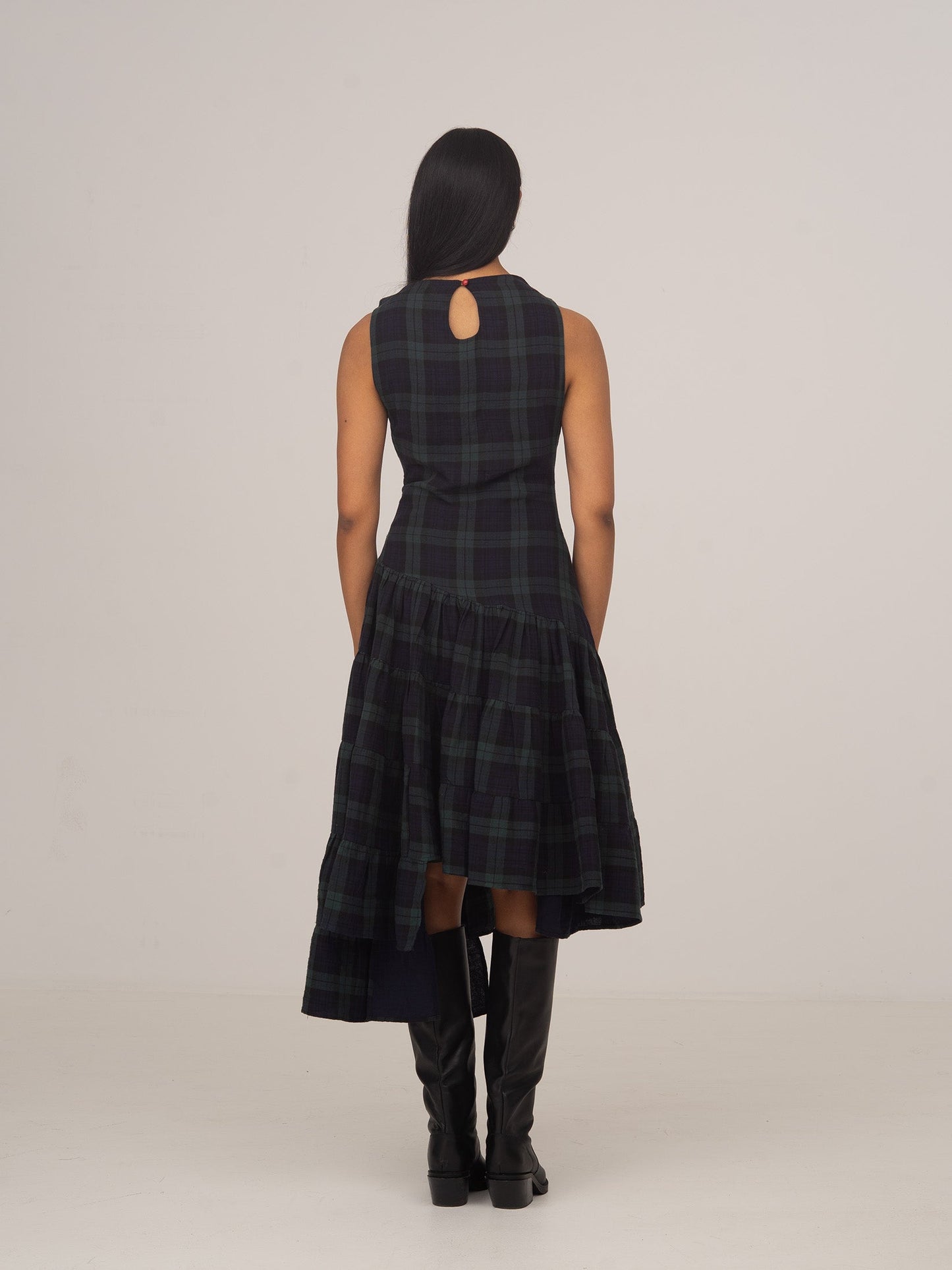 Evermore Plaid Blue Flared Asymmetric Dress