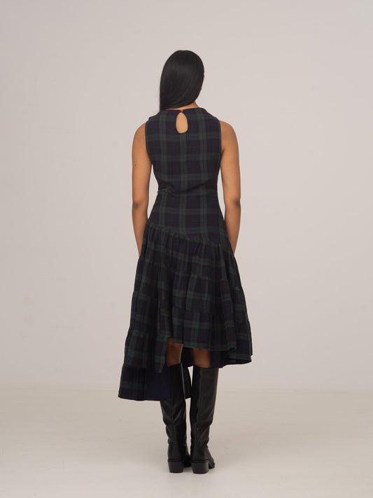 Evermore Plaid Blue Flared Asymmetric Dress