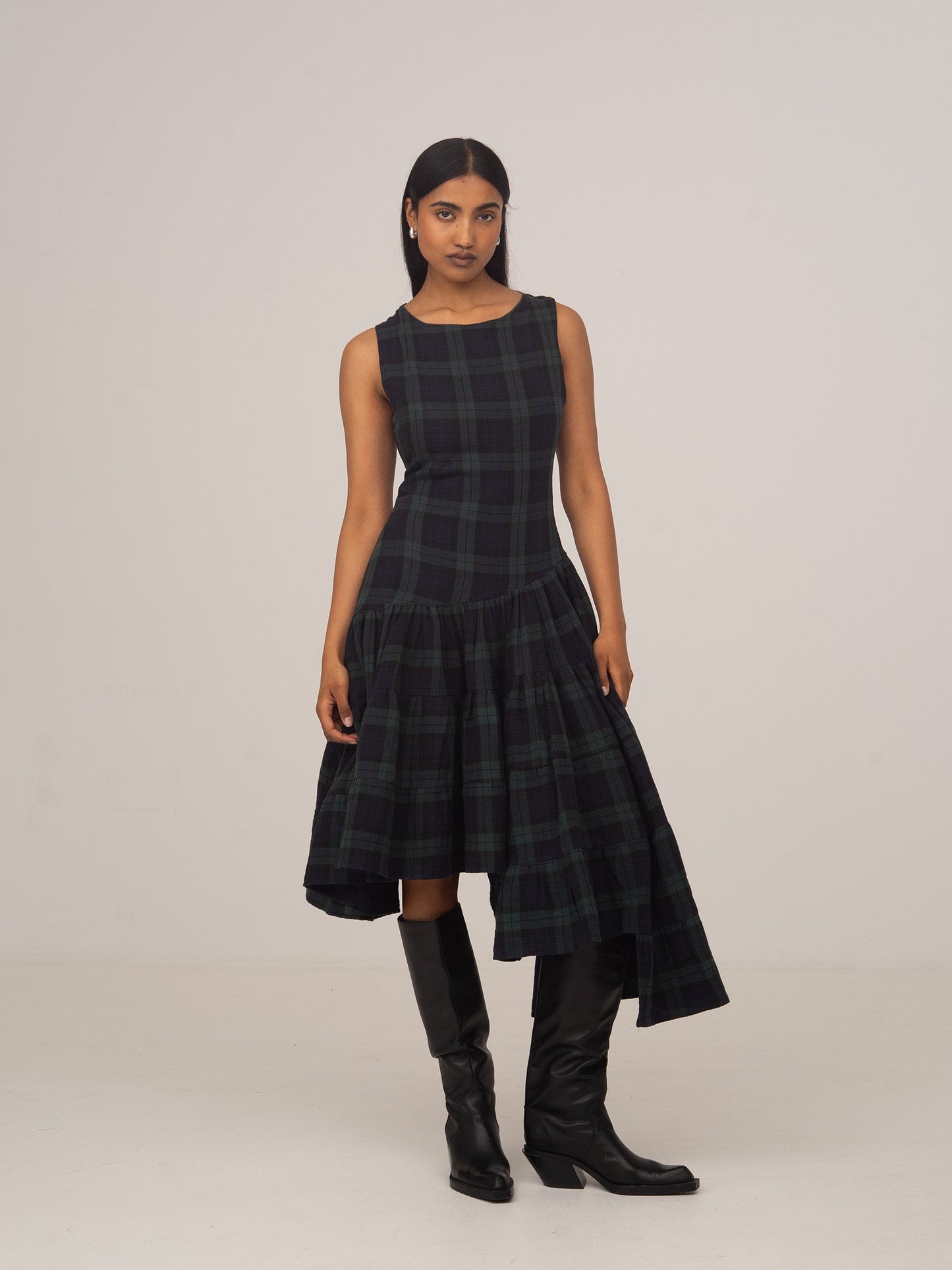 Evermore Plaid Blue Flared Asymmetric Dress