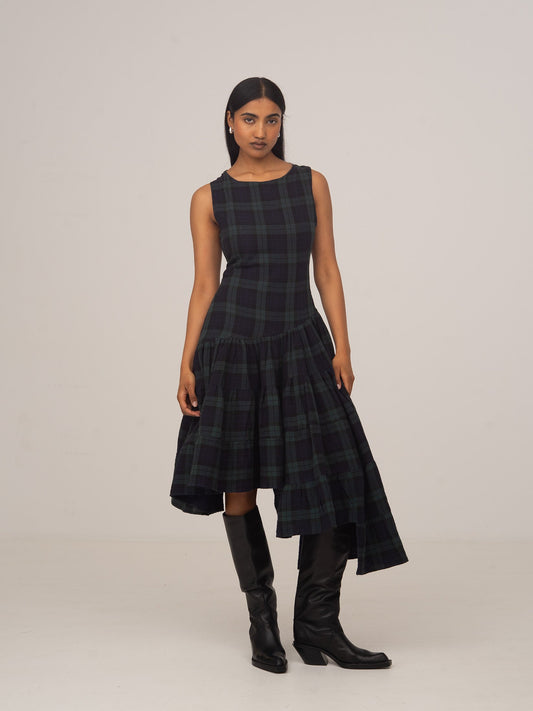 Evermore Plaid Blue Flared Asymmetric Dress