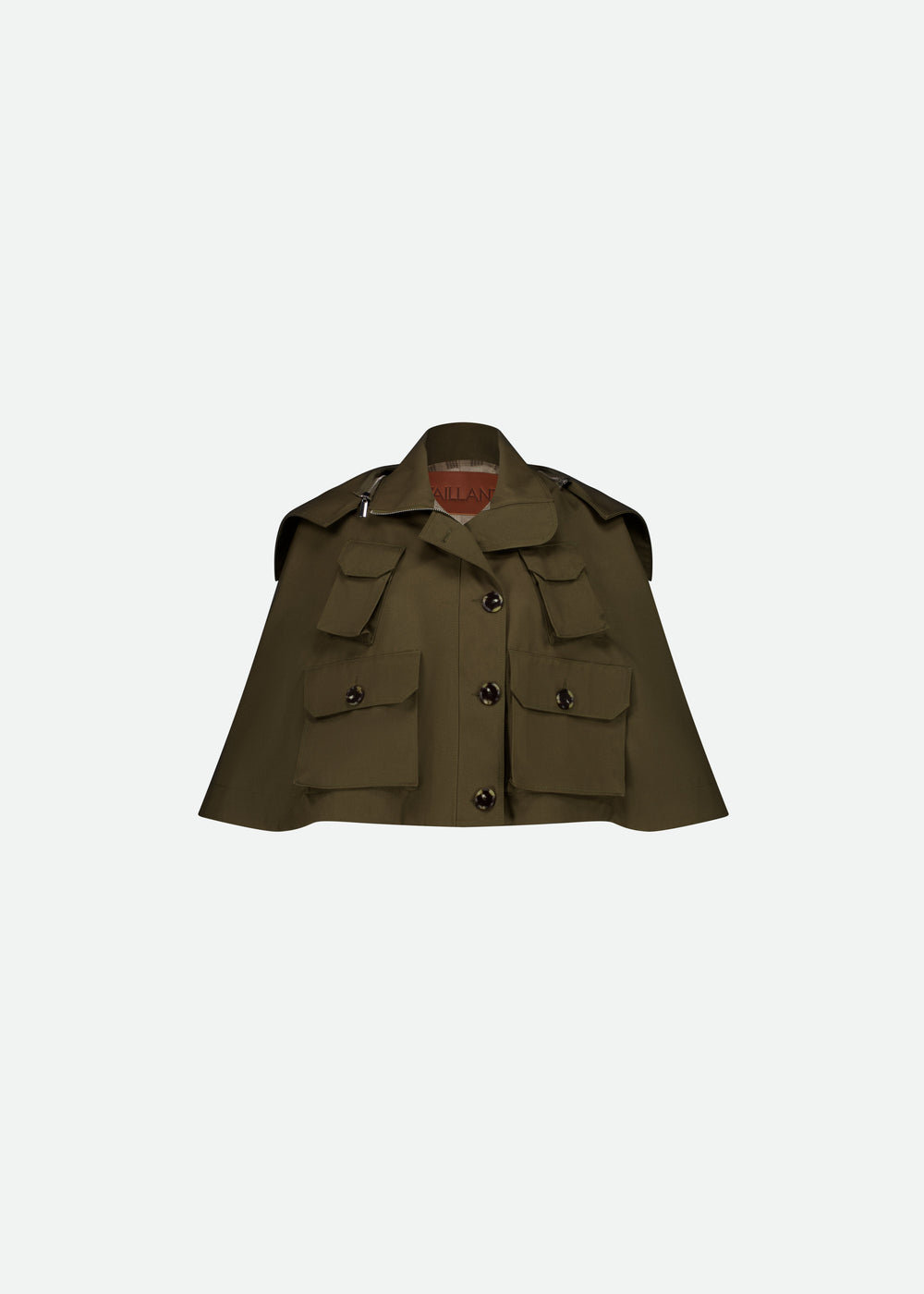 CROPPED TWILL MILITARY-STYLE KHAKI TRENCH CAPE
