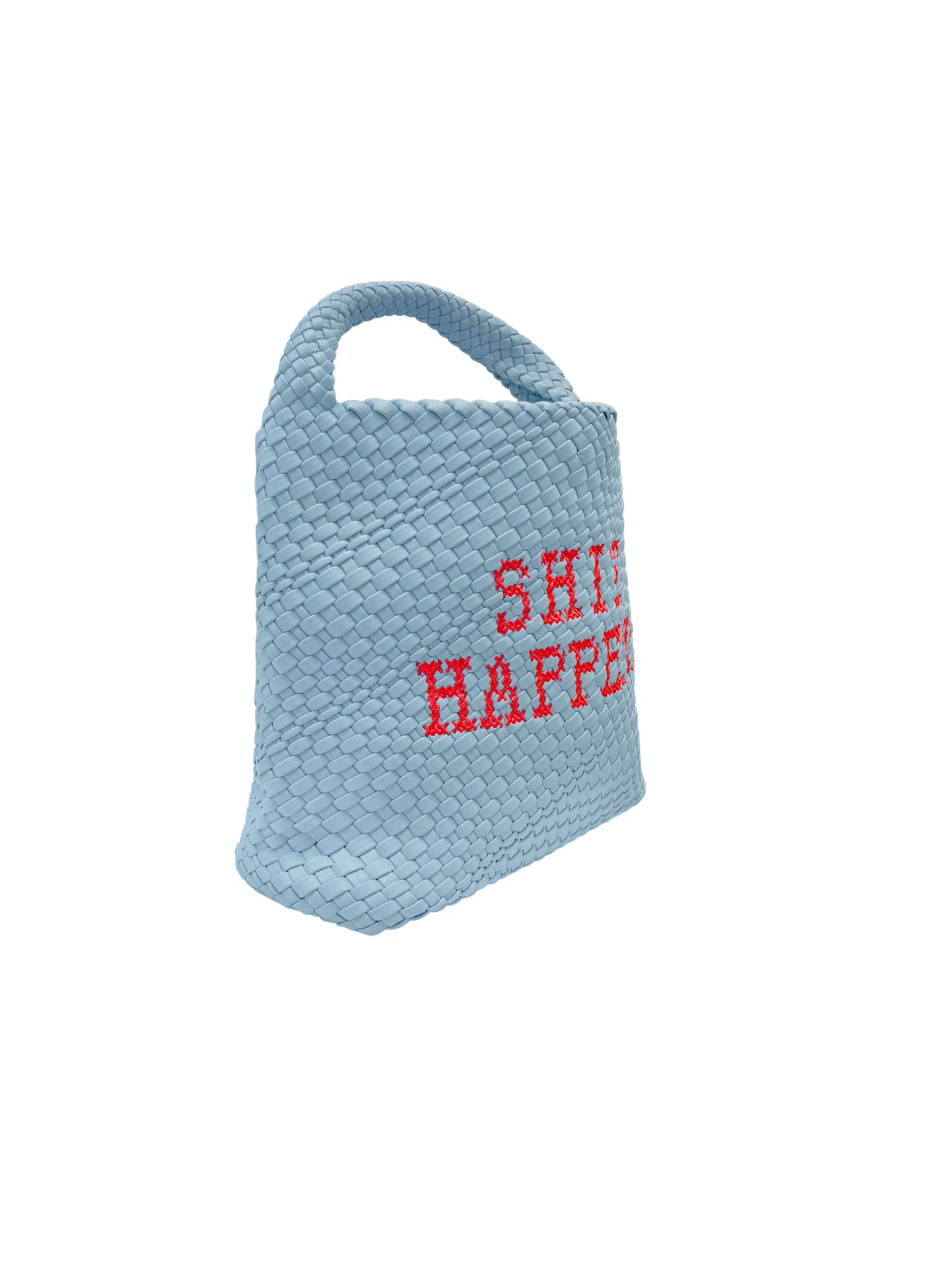 Lilly Loves Shit Happens bucket handbag with drawstring closure and stylish design, shown in natural beige fabric.