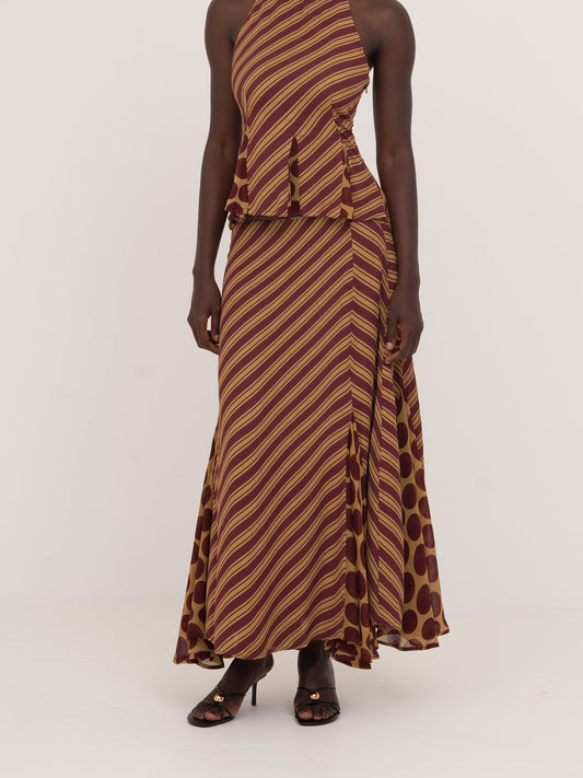 Immortal Burgundy and Yellow Contrast Stripes and Polka Dot Occasion Skirt falda
