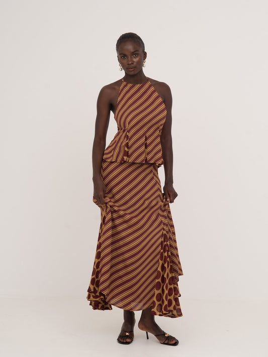 Immortal Burgundy and Yellow Contrast Stripes and Polka Dot Occasion Top top