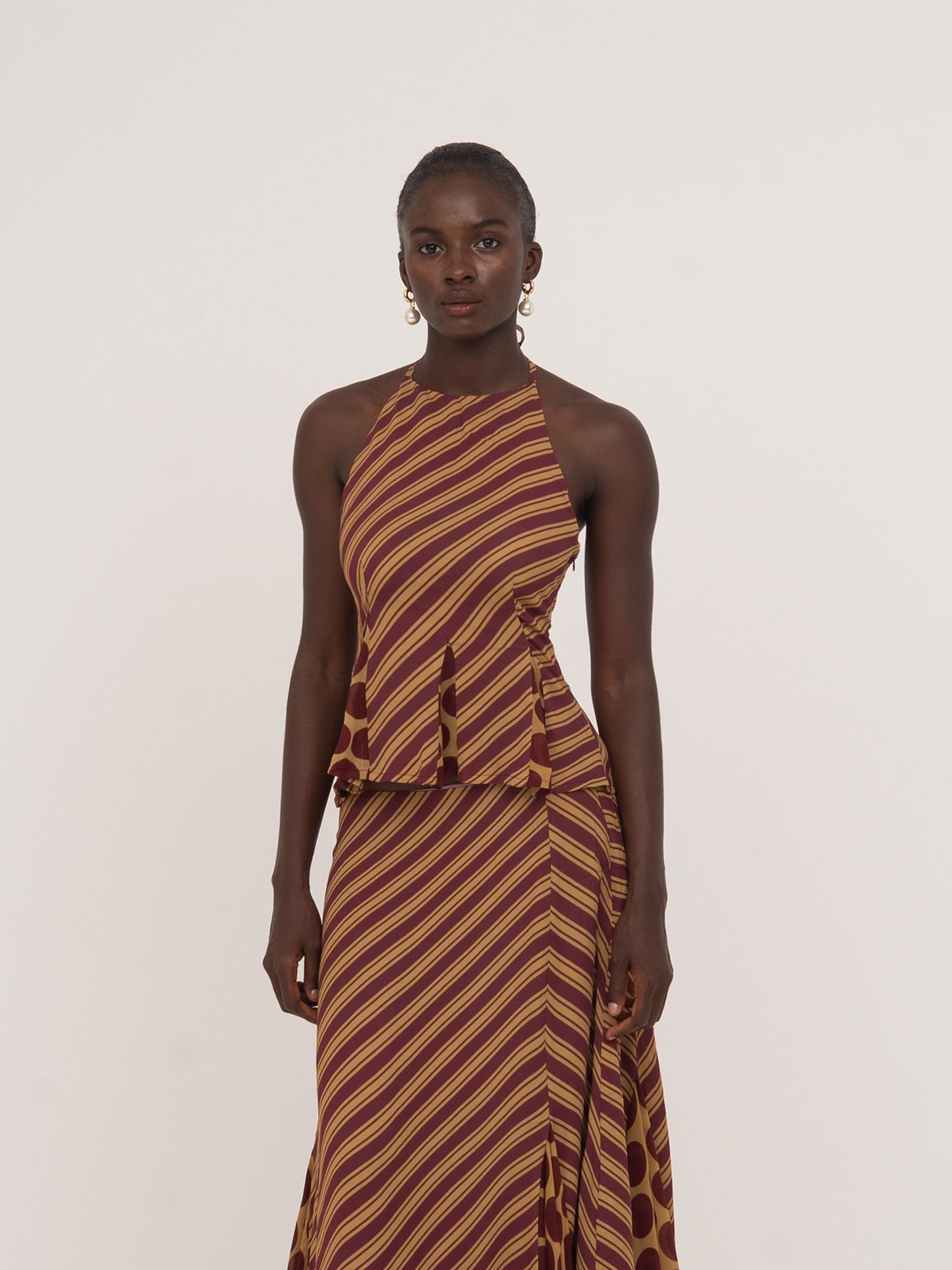 Immortal Burgundy and Yellow Contrast Stripes and Polka Dot Occasion Top top