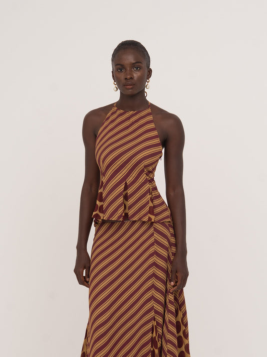 Immortal Burgundy and Yellow Contrast Stripes and Polka Dot Occasion Top top