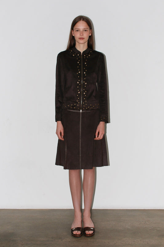 Full front view – dark brown jacket worn as a dress, sophisticated and modern look.