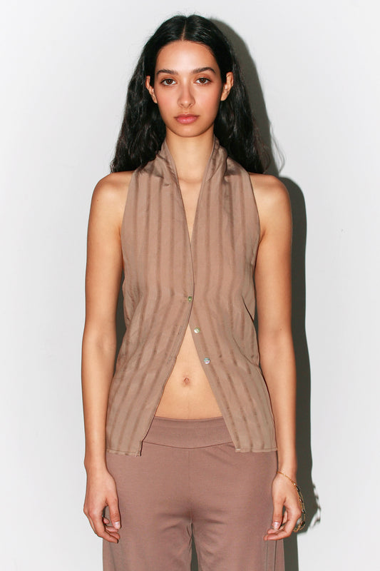 Front view of the taupe striped Belen Top, featuring contrast buttons and a convertible neckline.