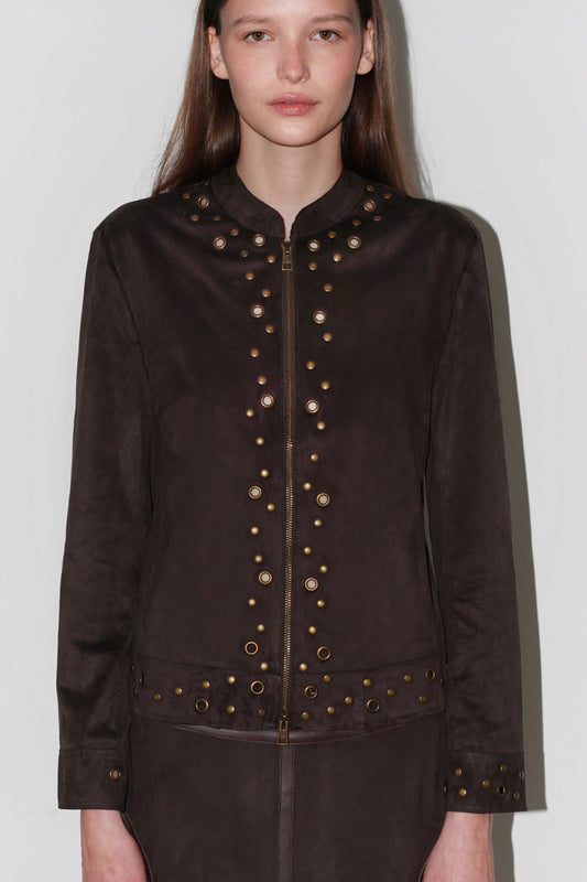 Front view of the Bella Brown Jacket – structured dark brown jacket with gold buttons and high collar.