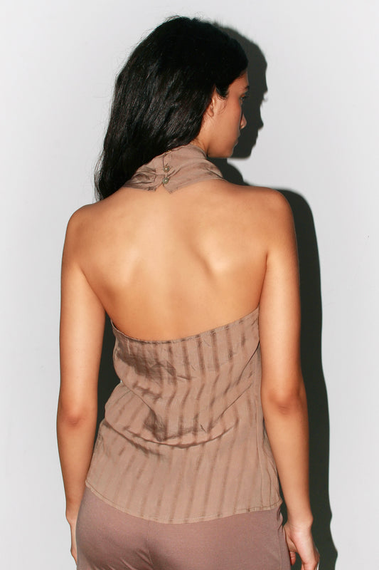 Back view of the Belen Top showing the open back and elegant draped neckline.