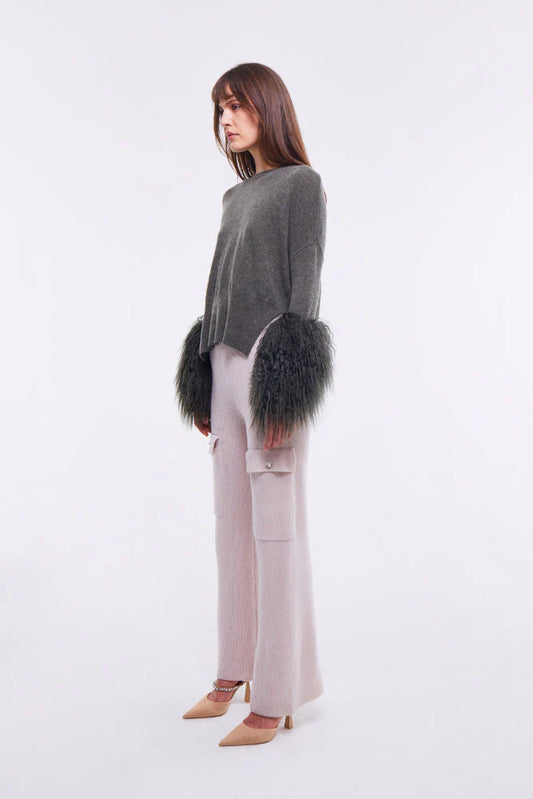 Round Neck Sweater with Shearling Cuffs in Army