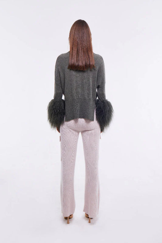 Round Neck Sweater with Shearling Cuffs in Army