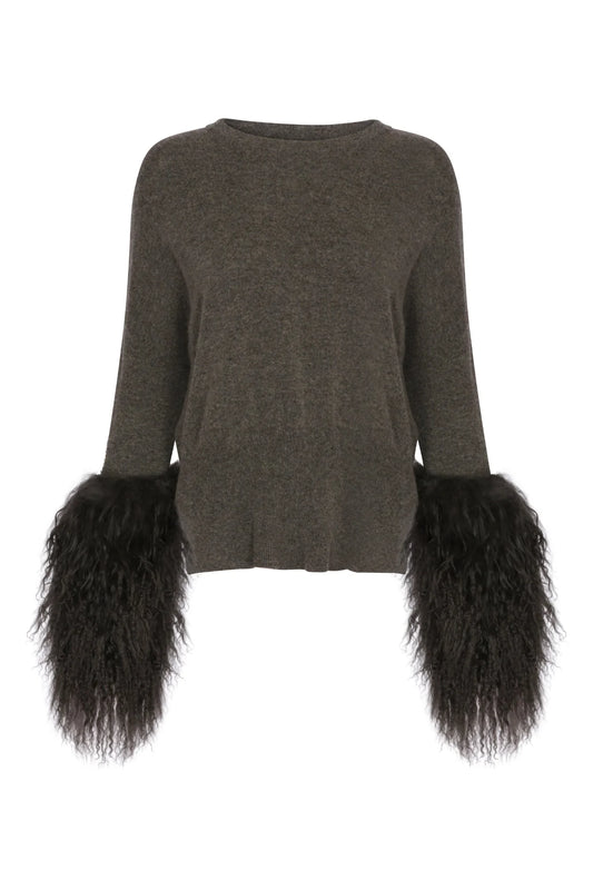 Round Neck Sweater with Shearling Cuffs in Army