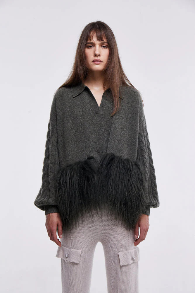 Cropped Cable Knit Jacket with Shearling Trim in Army