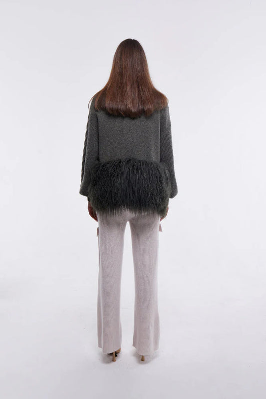 Cropped Cable Knit Jacket with Shearling Trim in Army