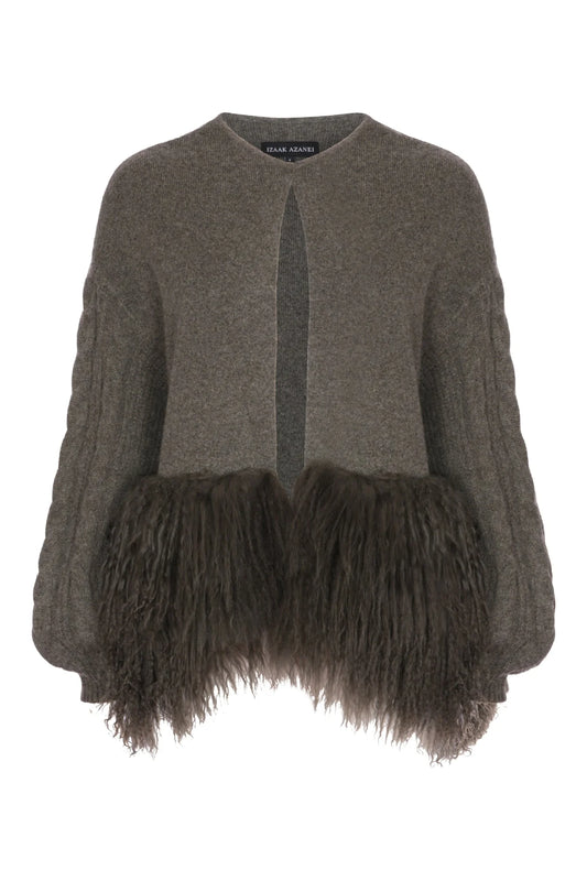 Cropped Cable Knit Jacket with Shearling Trim in Army