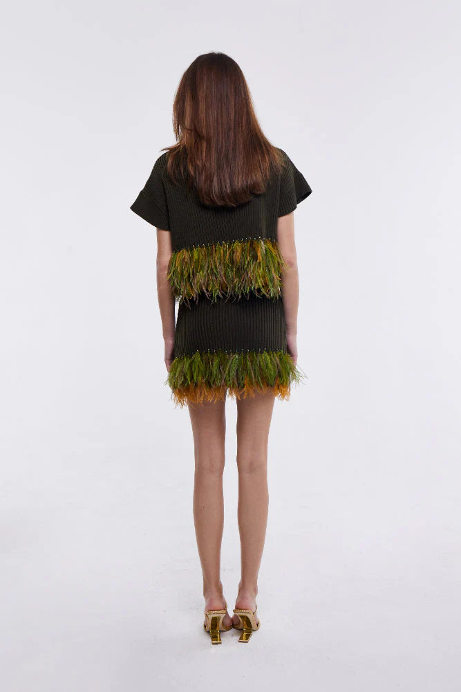 Feather Trim Mini Skirt in Olive