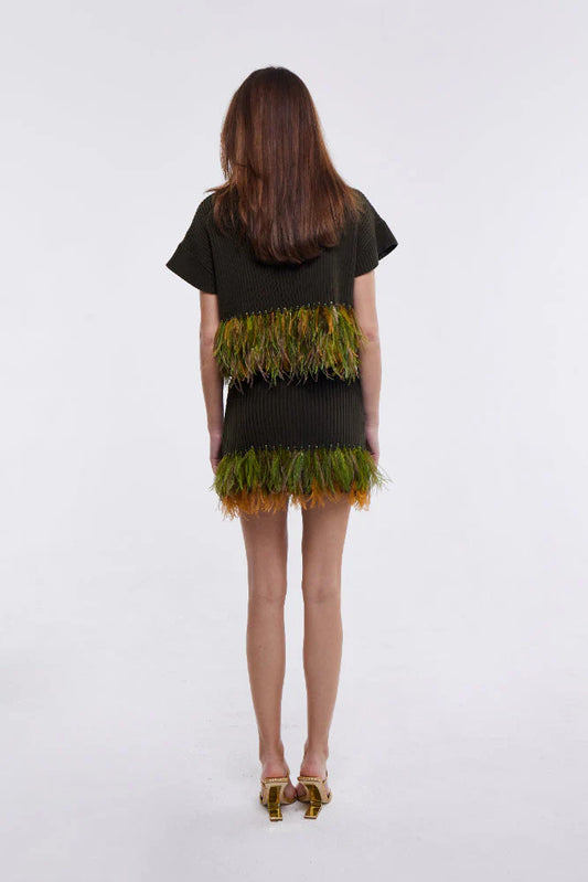 Feather Trim Mini Skirt in Olive