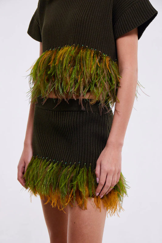 Feather Trim Mini Skirt in Olive