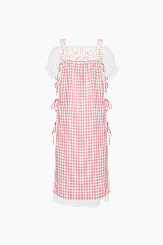 Greta Layered Linen Midi Dress in Pink Vichy