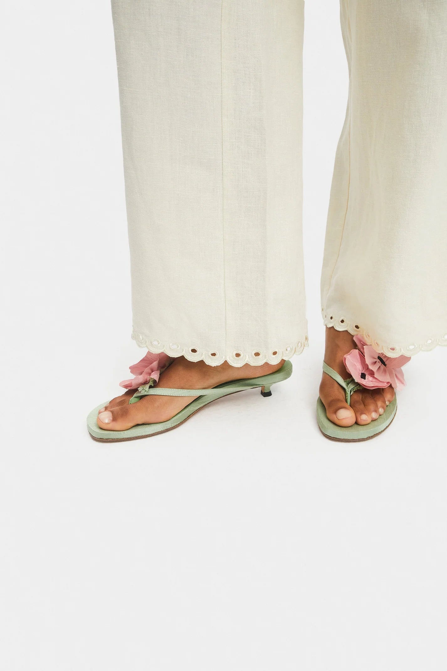 Poppies Silk Kitten Heel Mules in Mint and Pink