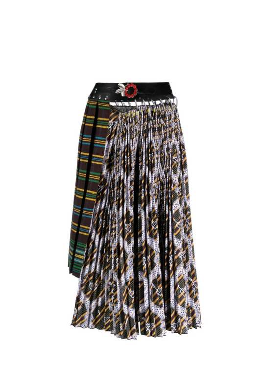 Graphic-print asymmetric pleated midi skirt