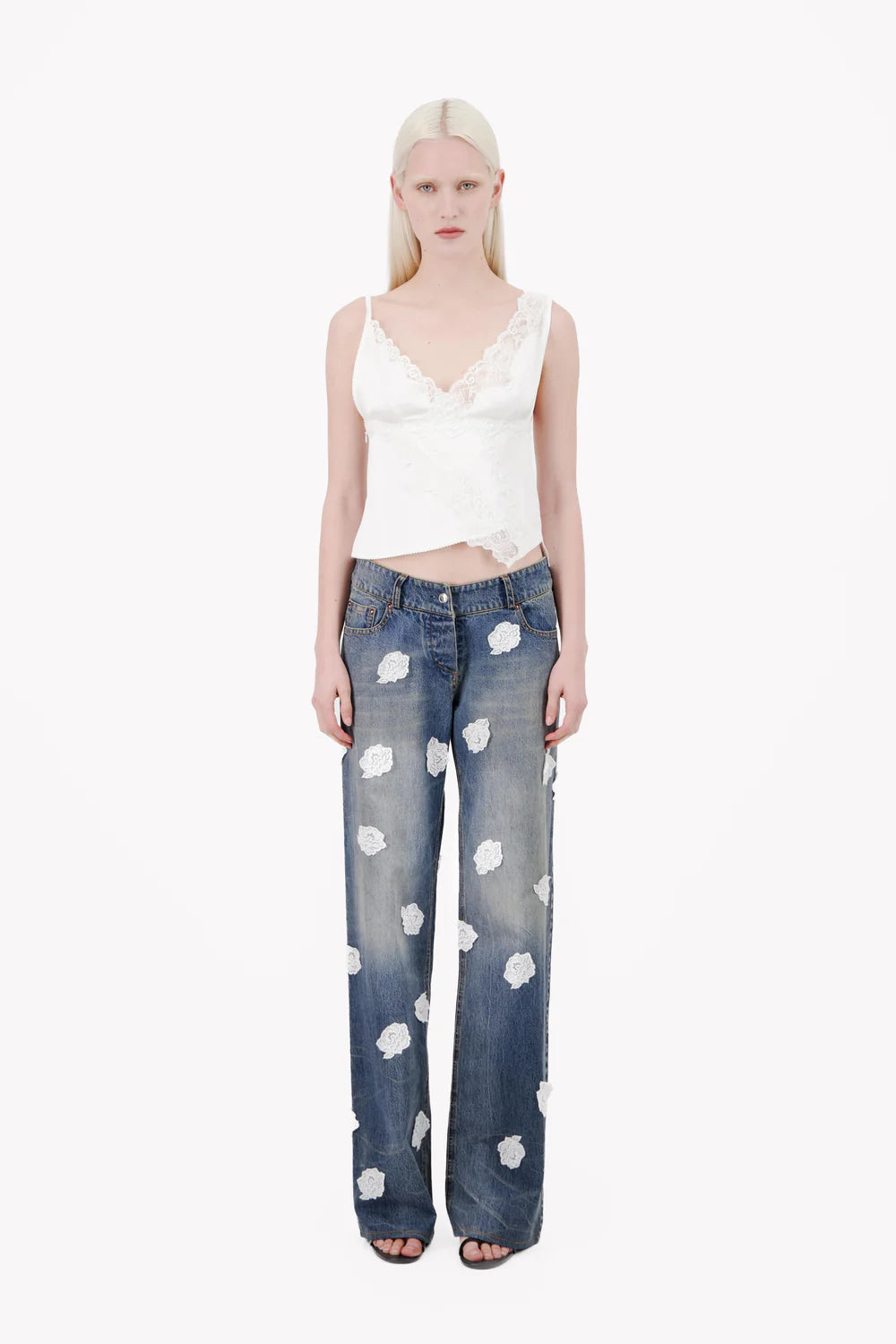 SIGNATURE SATIN ASYMMETRIC LACE TANK TOP