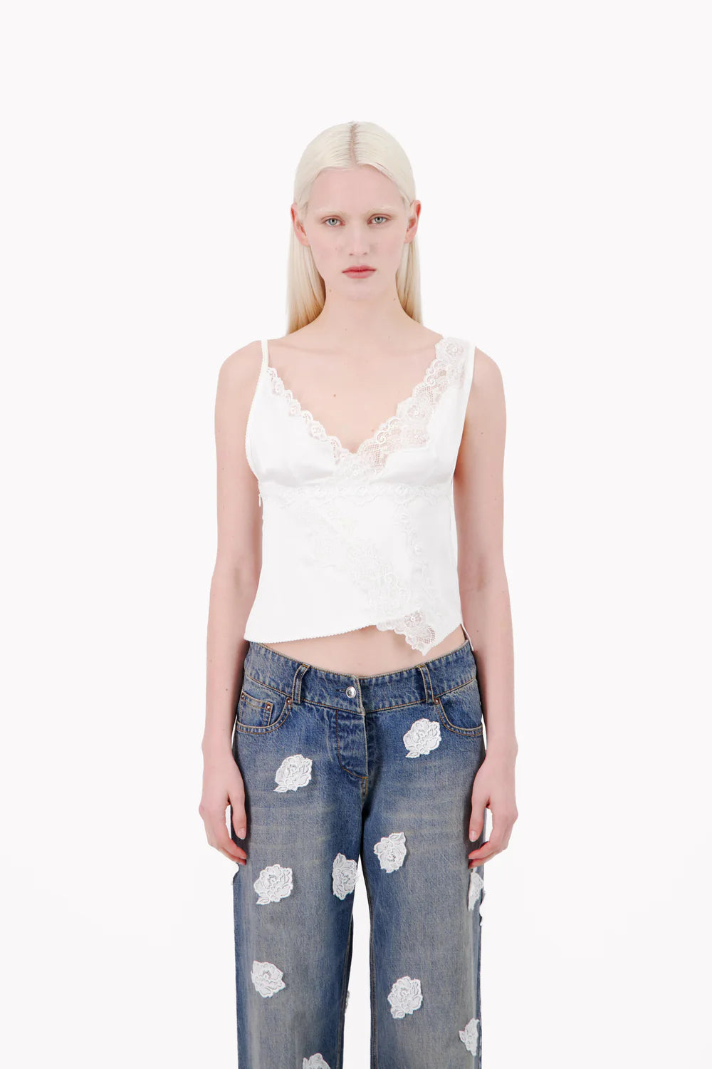 SIGNATURE SATIN ASYMMETRIC LACE TANK TOP