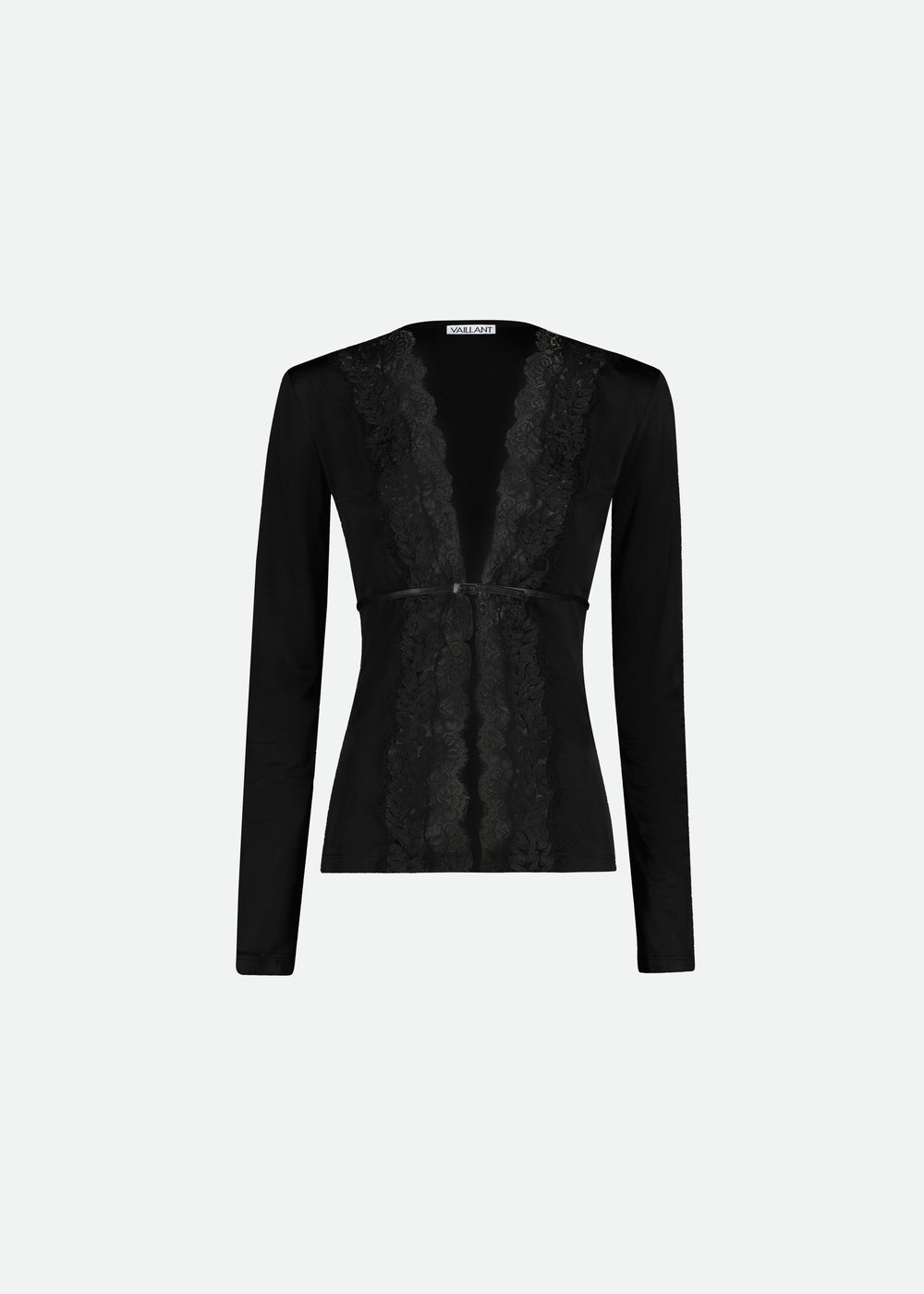LONG SLEEVE FITTED CARDIGAN WITH LACE TRIM & BELT