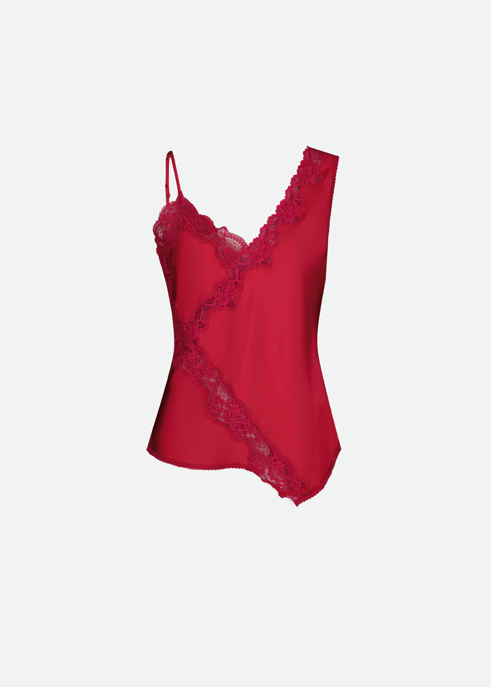 SATIN ASYMMETRICAL TANK TOP W/ LACE DETAIL
