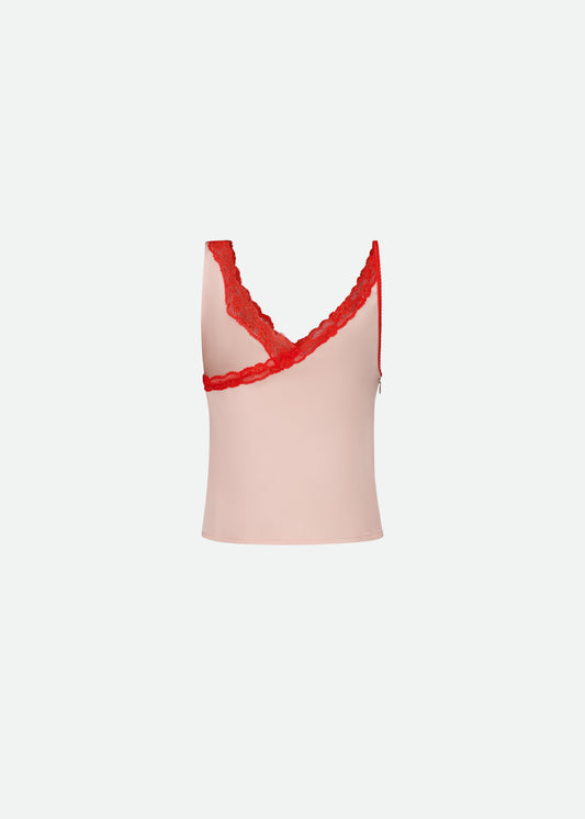 SIGNATURE SATIN ASYMMETRIC LACE TANK TOP