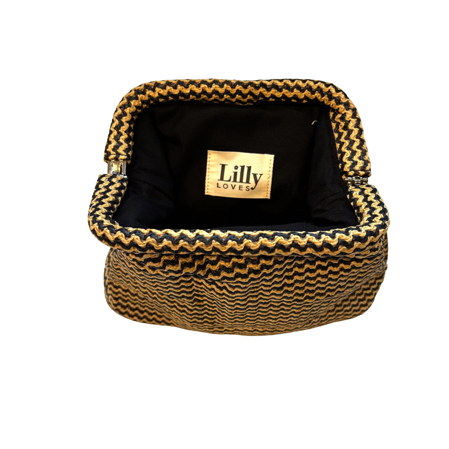 Lilly Loves Ciao black and straw clutch pouch with a sleek design, featuring a black fabric body and straw accents.