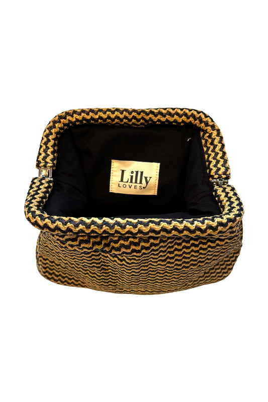 Lilly Loves Ciao black and straw clutch pouch with a sleek design, featuring a black fabric body and straw accents.