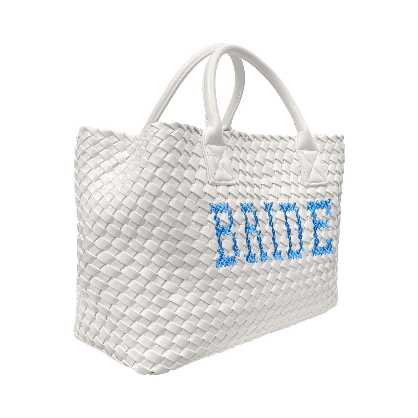 Blue bride embroidered handbag by Lilly Loves, featuring intricate embroidery and elegant design, shown from a side view.
